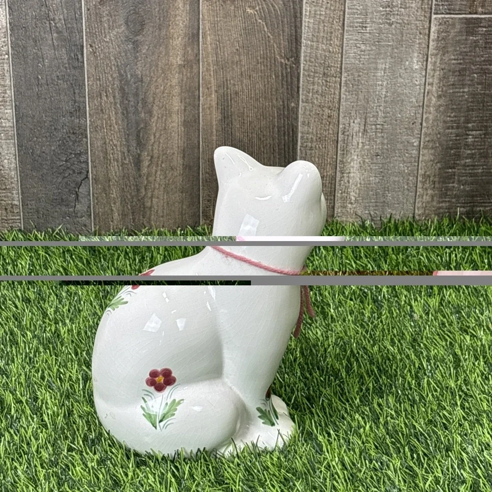 Vintage ELPA Ceramic Cat Figurine Glass Eyes Floral Cottagecore Decor‎